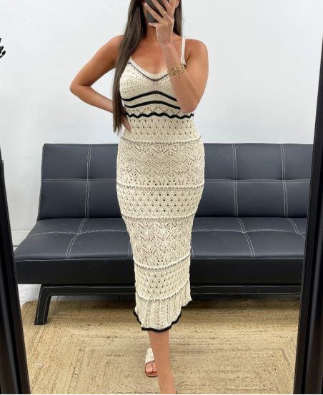 PE2346 BEIGE GEHAAKTE MAXI JURK