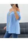TOP SCOLLO ELASTICIZZATO PE2412 AZZURRO CIELO