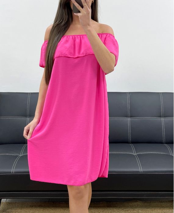 KLEID MIT ELASTISCHEM AUSSCHNITT PE767 FUCHSIA