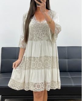 "COLLECTION BOHEME" ROBE DENTELLE COL V PE2382 BEIGE