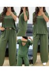 TOP SET MET OPEN RUG + JEWEL BROEK MET WIJDE PIJPEN PE2502 KHAKI