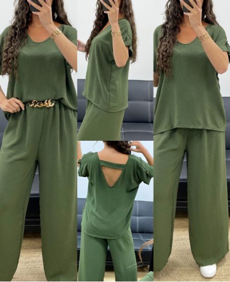 TOP SET MET OPEN RUG + JEWEL BROEK MET WIJDE PIJPEN PE2502 KHAKI