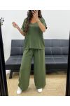 TOP SET MET OPEN RUG + JEWEL BROEK MET WIJDE PIJPEN PE2502 KHAKI