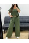 TOP SET MET OPEN RUG + JEWEL BROEK MET WIJDE PIJPEN PE2502 KHAKI