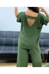 TOP SET MET OPEN RUG + JEWEL BROEK MET WIJDE PIJPEN PE2502 KHAKI