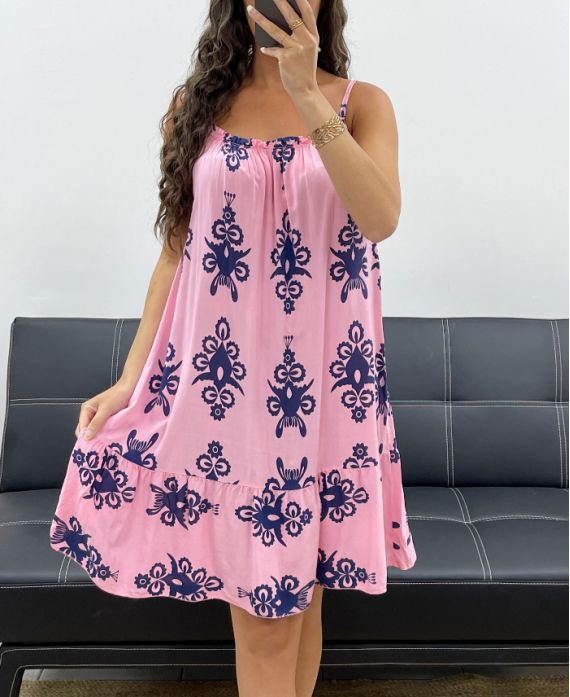 ROSA TRÄGERKLEID MIT VISKOSE-PRINT PE2511