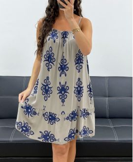 PE2511 TAUPEFARBENES TRÄGERKLEID MIT VISKOSE-PRINT