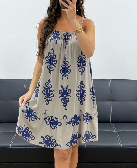 PE2511 TAUPEFARBENES TRÄGERKLEID MIT VISKOSE-PRINT
