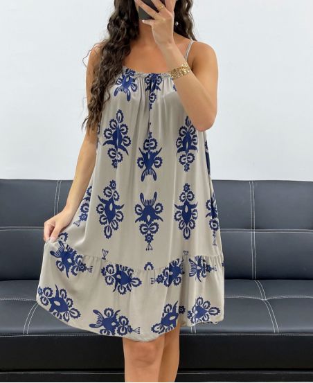PE2511 TAUPEFARBENES TRÄGERKLEID MIT VISKOSE-PRINT