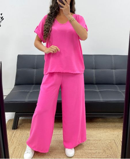 TOP SET MET OPEN RUG + JEWEL BROEK MET WIJDE PIJPEN PE2502 ROZE