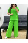 TOP SET MET OPEN RUG + JEWEL BROEK MET WIJDE PIJPEN PE2502 CITROENGROEN