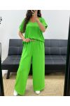 TOP SET MET OPEN RUG + JEWEL BROEK MET WIJDE PIJPEN PE2502 CITROENGROEN