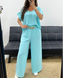 TOP SET MET OPEN RUG + JEWEL BROEK MET WIJDE PIJPEN PE2502 PASTEL