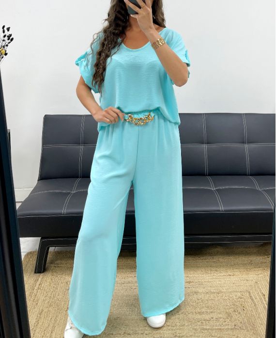 SET TOP SCOPERTI SUL RETRO + PANTALONE GIOIELLO GAMBA LARGA PE2502 PASTELLO