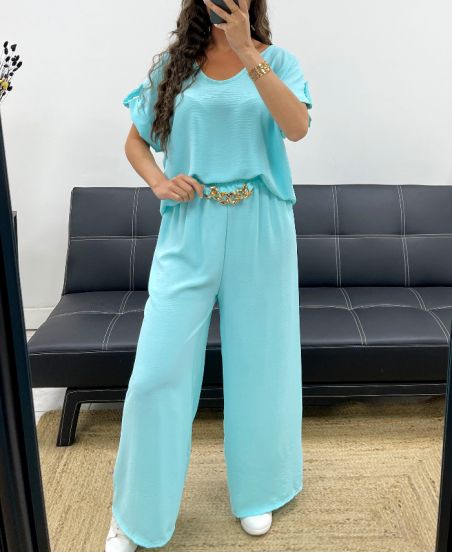 TOP SET MET OPEN RUG + JEWEL BROEK MET WIJDE PIJPEN PE2502 PASTEL