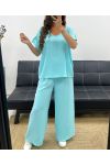 SET TOP SCOPERTI SUL RETRO + PANTALONE GIOIELLO GAMBA LARGA PE2502 PASTELLO