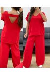 TOP SET MET OPEN RUG + JEWEL BROEK MET WIJDE PIJPEN PE2502 ROOD