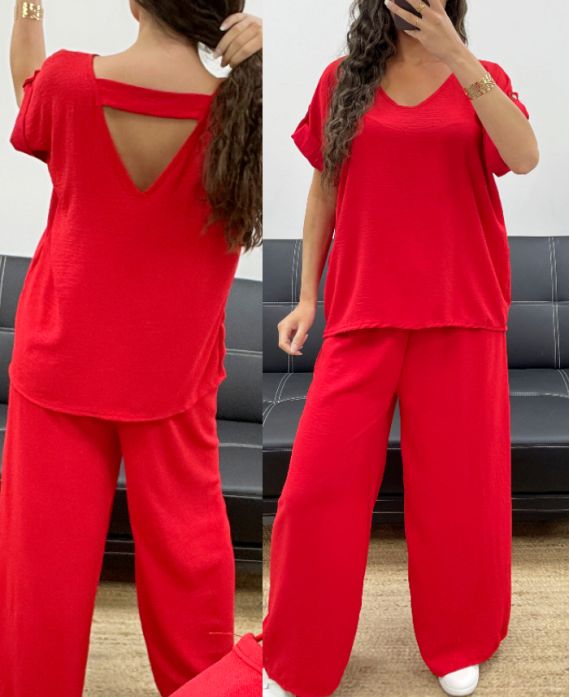 TOP SET MET OPEN RUG + JEWEL BROEK MET WIJDE PIJPEN PE2502 ROOD