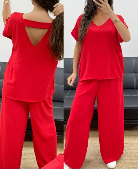 TOP SET MET OPEN RUG + JEWEL BROEK MET WIJDE PIJPEN PE2502 ROOD
