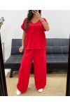 TOP SET MET OPEN RUG + JEWEL BROEK MET WIJDE PIJPEN PE2502 ROOD