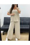TOP MET OPEN RUG + JEWEL BROEK MET WIJDE PIJPEN PE2502 BEIGE