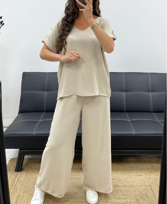 TOP MET OPEN RUG + JEWEL BROEK MET WIJDE PIJPEN PE2502 BEIGE