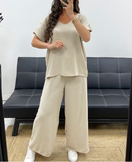 TOP MET OPEN RUG + JEWEL BROEK MET WIJDE PIJPEN PE2502 BEIGE