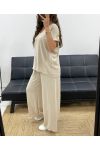 TOP MET OPEN RUG + JEWEL BROEK MET WIJDE PIJPEN PE2502 BEIGE