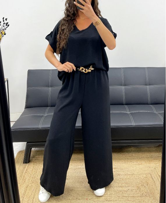 TOP MET OPEN RUG + JEWEL BROEK MET WIJDE PIJPEN SET PE2502 ZWART