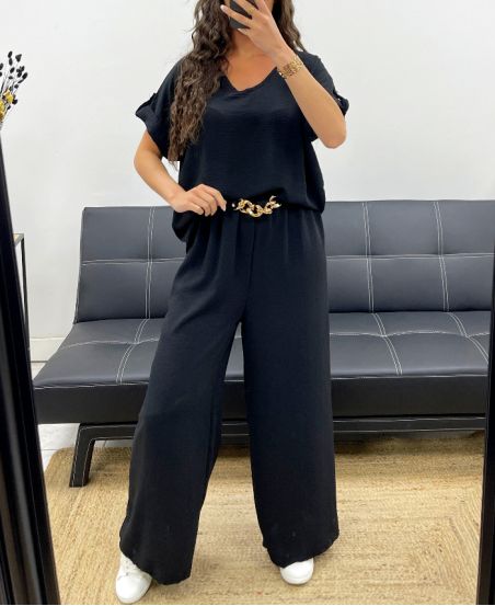 TOP MET OPEN RUG + JEWEL BROEK MET WIJDE PIJPEN SET PE2502 ZWART