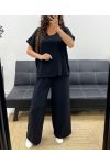 TOP MET OPEN RUG + JEWEL BROEK MET WIJDE PIJPEN SET PE2502 ZWART
