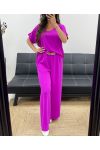ENSEMBLE TOP DOS OUVERT + PANTALON LARGE BIJOU PE2502 MAUVE