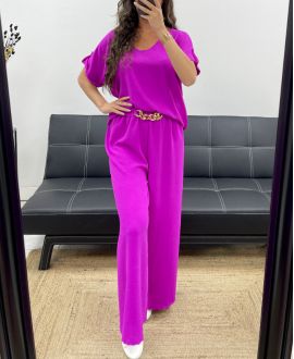 TOP MET OPEN RUG + JEWEL BROEK MET WIJDE PIJPEN SET PE2502 PAARS