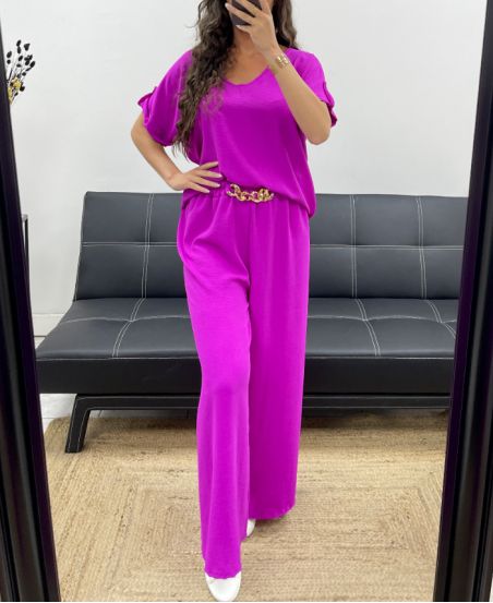 TOP MET OPEN RUG + JEWEL BROEK MET WIJDE PIJPEN SET PE2502 PAARS