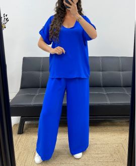 TOP SET MET OPEN RUG + JEWEL BROEK MET WIJDE PIJPEN PE2502 KONINGSBLAUW