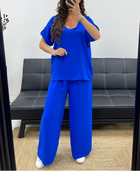 TOP SET MET OPEN RUG + JEWEL BROEK MET WIJDE PIJPEN PE2502 KONINGSBLAUW