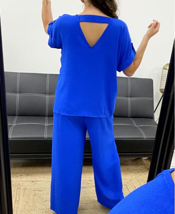 ENSEMBLE TOP DOS OUVERT + PANTALON LARGE BIJOU PE2502 BLEU ROYAL