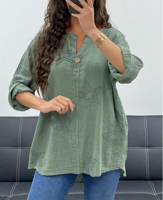 BLUSA IN COTONE CON STELLA RICAMATA PE2506 KAKI
