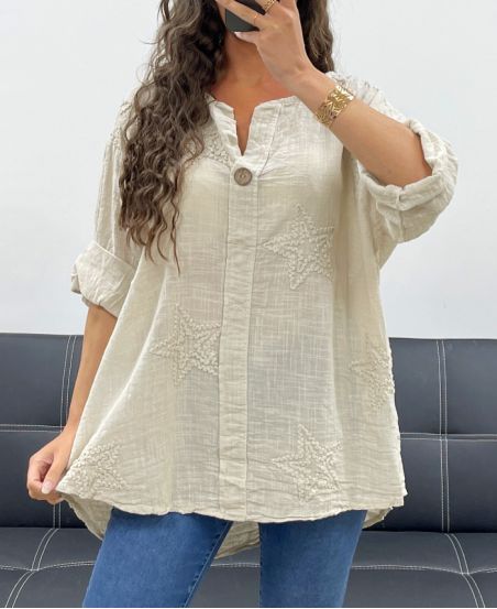BLUSA IN COTONE CON RICAMO STAR PE2506 BEIGE