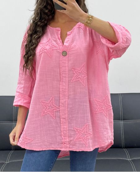 KATOENEN BLOUSE MET STER GEBORDUURD PE2506 ROZE