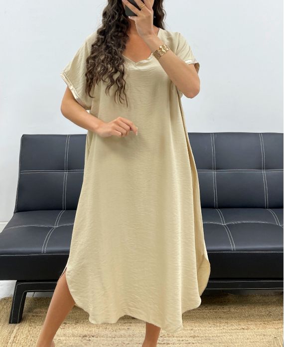 ROBE FLUIDE COL V DETAIL MANCHES PE2584 BEIGE