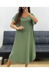 VESTIDO FLUIDO CON ESCOTE EN PICO Y DETALLE DE MANGAS PE2584 KAKI