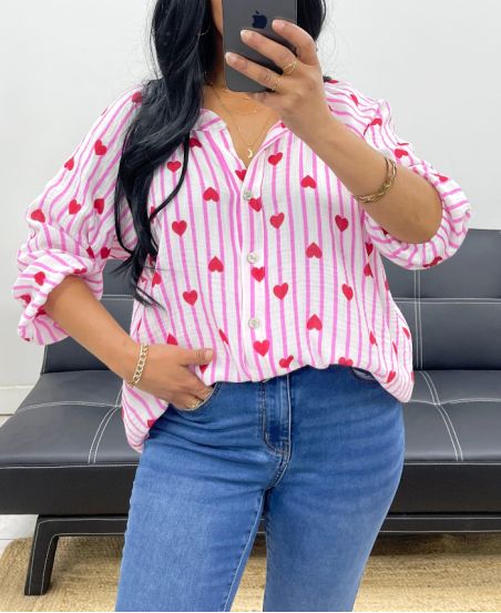 CAMICIA IN GARZA DI COTONE RIGHE CUORE PE2556 ROSA