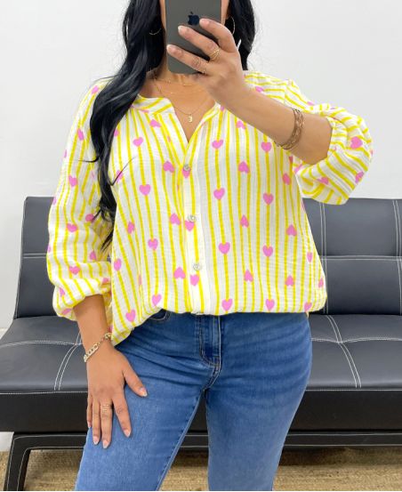 CAMICIA IN GARZA DI COTONE CON RIGHE CUORE PE2556 GIALLO