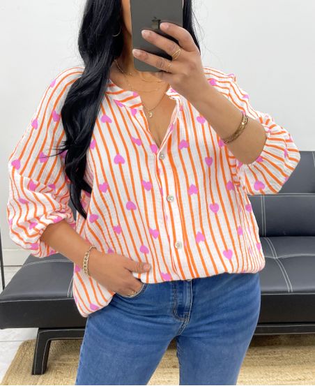 CAMICIA IN GARZA DI COTONE CON RIGHE CUORE PE2556 ARANCIO