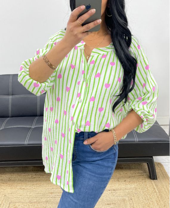 CAMICIA IN GARZA DI COTONE CON RIGHE CUORE PE2556 VERDE
