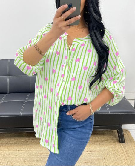 CAMICIA IN GARZA DI COTONE CON RIGHE CUORE PE2556 VERDE