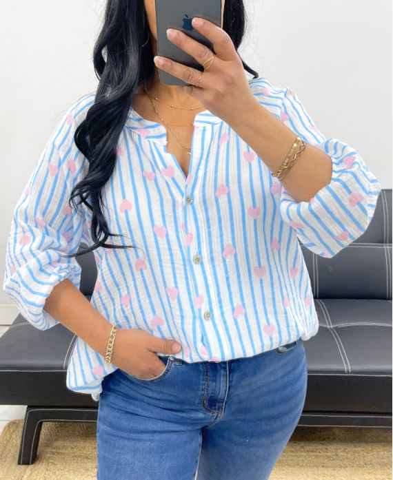 CAMICIA IN GARZA DI COTONE RIGHE CUORE PE2556 BLU