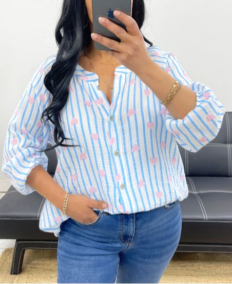 CAMICIA IN GARZA DI COTONE RIGHE CUORE PE2556 BLU