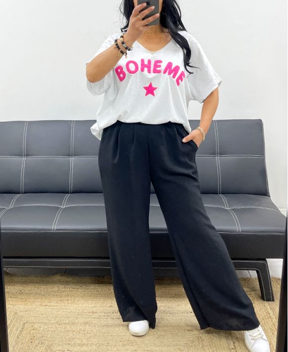 T-SHIRT OVERSIZE COTON FLOCAGE BOHEME PE2560 FUSHIA
